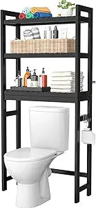 Homykic Bamboo Over The Toilet Storage Shelf, 3-Tier Above Toilet Storage Organizer Rack with 3 Hooks, Freestanding Bathroom Tower Shelf Unit for Small Space, No Rust, Easy to Assemble, Black