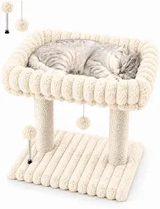 Cat Tree with Sisal Scratching Post for Indoor Cats,Small Tower with Large Soft Top Bed Scratcher,Activity Play Center with Replacement Hanging Toys Spring Ball for Kitten Medium Cats,Beige