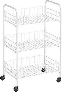 Rubbermaid 3-Tier Shelving Wheeled Organizer, Wire Adjustable Metal Storage Cart, for Office/Kitchen/Bedroom/Laundry Home Use, White