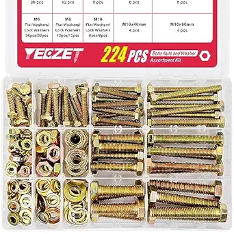 224PCS Grade 8.8 M6 M8 M10 Heavy Duty Bolts and Nuts Assortment Kit Includes 8 Most Common Sizes