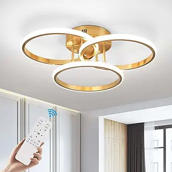 Gold Modern Ceiling Light Fixture, 3000K-6000K Dimmable Flush Mount Ceiling Light with Remote Control, 3 Rings Close to Ceiling Lamp for Bedroom Living Room Dining Room Kitchen