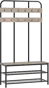 HOOBRO Hall Tree with Bench, Entryway Bench with Coat Rack, Mud Room Rack with 12 Double Hooks and Shoe Storage, Coat Tree, Shoe Organizer, for Foyer, Front Door, Greige and Black BG05MT01