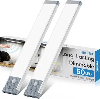 HIBOITEC Under Cabinet Lighting Rechargeable Closet Lights Wireless Motion Sensor Light Indoor, 50 LED Dimmable Magnetic Under Counter Light for Kitchen, Pantry, 2 Pack, Cool White Light, 10 inch