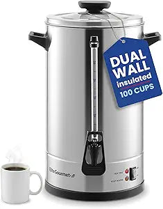 Elite Gourmet 100-Cup Commercial Coffee Urn & Hot Water Boiler  Dual-Wall Insulated, Tested to Keep Coffee Hot for 24 Hours, Dripless Faucet, Stainless Steel for Offices, Churches & Catering