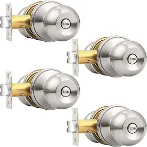 Probrico Interior Door Knobs 4 Pack, Privacy Lock Knob Set Brushed Nickel Finish, Right and Left Handled Round Levers, Modern Hardware for Bedroom Bathroom