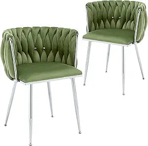 Modern Velvet Dining Chairs Set, Upholstered Dining Chair with Woven Back and Silver Metal Legs, Modern Armchair for Living Room/Kitchen/Bedroom (Light Green, 2pcs)