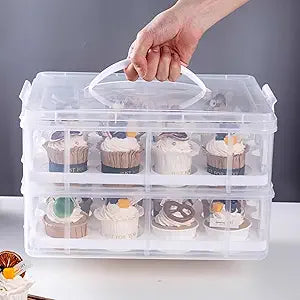 Cupcake Carrier Stackable Storage Container Collapsible Cake Carrier with Lid and Handle, with 50 PCS Cupcake liners,Reusable Plastic Dessert Travel Container,Transport Box (24 Cupcakes White)