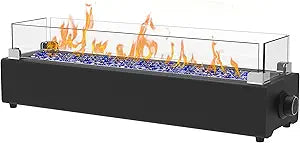 28-inch Table Top Propane Fire Pit, 40,000 BTU Tabletop Firepit for Patio, Outdoor Portable Rectangular Fire Bowl w/Wind Glass Shield, Glass Rocks - Black