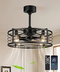 Fivesun 20" Caged Ceiling Fans with Lights and Remote, Fandelier Farmhouse Industrial Fan Lights Ceiling Fixtures Small Ceiling Fan with 6 Speeds and Timing for Kitchen, Bedroom, Outdoor-Black