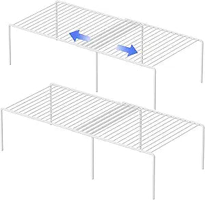 Redrubbit 4-Piece Expandable Metal Rustproof Storage Shelf Rack, Kitchen Counter and Cabinet Organizer, Space Saver for Fridge, Bathroom, White, Set of 2