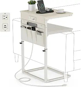 Vagusicc C-Shaped End Table with Charging Station, Small Side Table for Couch, 33" Tall C Table Adjustable Height Side Table, Couch Tables that Slide Under, Sofa Table TV Tray for Living Room, Cream