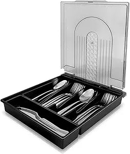 5-compartment kitchen utensil storage box with transparent lid - a fixed-compartment cutlery tray for kitchen drawer storage, a dust-proof container for forks, spoons, and knives