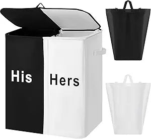 DoubleFill 154L Large Double Laundry Hamper with Lid and Removable Bags Laundry Basket 2 Section Collapsible Dirty Clothes Hamper for Bathroom Bedroom for Husband&Wife Parents or Couple(His Hers)