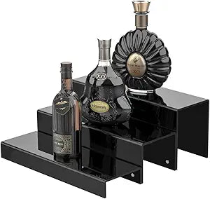 JUESHA 2 Pack Tiers Bar Shelves for Liquor Bottles, 15" Clear Acrylic Risers Display Racks Stands for Figures Pops Cupcake Perfume Collections (Black)