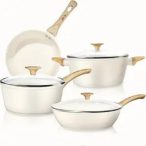 FELAMP Healthy Ceramic Nonstick Cookware Set, 7-Piece PFOA/PFOS/Toxin-Free Pots & Pans Set for Induction & All Stovetops, Dishwasher Safe with Glass LidsGift for New Home & Chefs