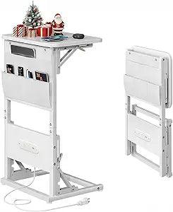 HLDIRECT C Shaped End Table with Charging Station, Couch Side Table with Storage Bag, Foldable TV Tray with 2 USB Ports and Outlets for Living Room, Bedroom, White