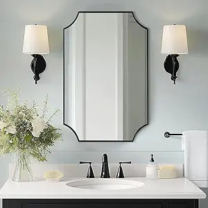 MIRRORART Black Bathroom Mirror 24x32, Contemporary Scalloped Bathroom Vanity Mirror, Notched Corner Rectangle Mirror in 1'' Stainless Steel Frame Wall-Mounted Vertical/Horizontal for Home Remodel