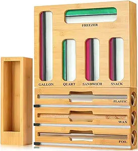 KALUHA Ziplock Bag Organizer Bamboo 9-in-1 | Gallon Quart Sandwich Snack Baggie Organizer for Drawer | Aluminum Foil Plastic Wrap Wax Paper Organizer | Zip Lock Bag Organizer for Kitchen Storage