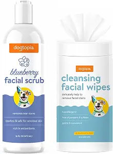 Dogtopia Blueberry Facial Cleansing Wash for Dogs (16oz) and Facial Wipes (60ct) Combo | Gently Remove Tear Stains | Remove Saliva Stains | Brighten and Whiten Coat | Daily Tear Stain Wipes