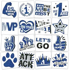 160 Pcs Glitter Team Spirit Temporary Tattoos School Team Cheer Face Stickers Cheerleading Party Supplies and Sports Games Decoration(BLUE)