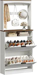 YATINEY Tall Shoe Cabinet with Flip Drawers and Coat Rack, Floor Standing Modern Shoe Storage Organizer, 2-in-1 Hall Tree with Movable Hooks and Open Shelves, for Entryway, White and Walnut SC01WHY1