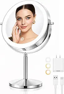 Professional 9-Inch Lighted Makeup Mirror - Rechargeable Double Sided Vanity Mirror with 1X/10X HD Magnification, CRI-97 Natural Daylight, 3 Color Dimmable Lighting, Height Adjustable & 360 Rotation