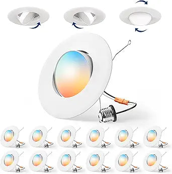 Amico 12 Pack 6 Inch Retrofit Eyeball Gimbal Can Lights, Adjustable Eyeball Directional 5CCT LED Recessed Lights, Dimmable, 2700K/3000K/3500K/4000K/5000K Selectable, 10W 950LM, ETL&FCC