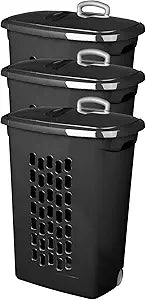 Sterilite 3-Pack Ultra Laundry Hamper with Lid and Wheels, Plastic Clothes Basket, Black - Dirty Clothing Storage Organizer with Handles for Bedroom, Bathroom, and Closet