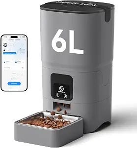 PAPIFEED Automatic Cat Feeder with App, 2.4G WiFi Cat Food Dispenser, 6L Timed Cat Feeders for Dry Food, 10 Meals/Day, 12 Portions/Meal, Dual Power Supply Smart Pet Feeder for Small Dog, Grey