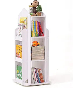Rotating Bookshelf 360 Display 3 Tier Floor Standing Bookcase Storage Rack Kids Book Shelf Organizer Small Corner White Bookshelves for Small Space for Bedroom Living Room