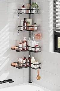 YASONIC Corner Shower Caddy Tension Pole, 25.7-109.1in Adjustable Shower Shelves, Rust-Resistant Shower Organizer, No-Drill 3-Step Installation, Bathroom Shelves for Renters & Family, Black