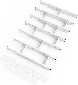 SpaceAid Bamboo Drawer Dividers with Inserts and Labels, Kitchen Adjustable Drawer Organizers, Expandable Organization for Home, Office, Dressers, 7 Dividers with 15 Inserts (17"-22" White)