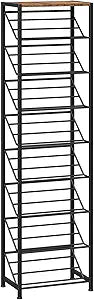 HOOBRO Narrow Shoe Rack for Small Spaces, Slanted Shoe Organizer for Entryway, Slim Angled Shoe Storage Rack for Closet, Space Saving 9 Tier Shoe Shelf Holds 8-16 Pairs, Rustic Brown BF92XJ01
