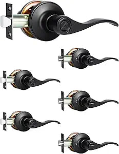 DPB 6Pcs Wave Interior Door Handle with Turn Lock, Matte Black Passage Door Lock, Heavy Bedroom and Bath Door Knobs for Right & Left Sided Doors (Lock but No Key, Black, 6Pcs)