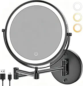 8.5" Wall Mounted Lighted Makeup Mirror, 3000 mAh Rechargeable Double-Sided 1X 10X Magnifying Mirror, 3 Color Lighting, Touch Screen Dimming, Extended Arm 360 Rotation Bathroom Mirro, Black
