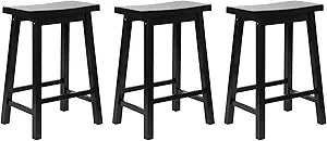 PJ Wood Classic Saddle-Seat 24'' Tall Kitchen Counter Stool for Homes, Dining Spaces, and Bars with Backless Seat, 4 Square Legs, Black (3 Pack)