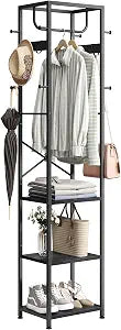 ELYKEN Coat Rack Freestanding, Hall Tree with 3 Shelves and 12 Hooks, Black