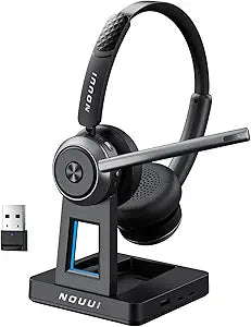 Wireless Headset with Mic for Work, Wireless Headphones with Mic(Noise Cancelling), Bluetooth Headset with Microphone, Mute Button & Charge Base for Work from Home/PC/Call Center/Computer/Zooms/Teams