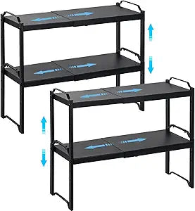 4 Pack Kitchen Cabinet Shelves Organizers, Kitchen Counter Storage Shelf Spice Rack, Expandable Length, Adjustable Height, Stackable, Sturdy 30LBS Bearing, Small Cupboard Tabletop Organizer Shelf Rack