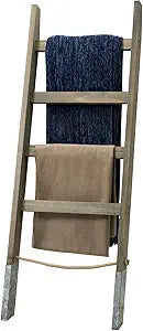 MyGift 55'' Wood Wall Leaning Blanket Ladder with 4 Rung, Farmhouse Living Room and Bathroom Towel Rack with Decorative Rustic Galvanized Silver Metal Legs and Rope