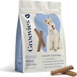 Groovies Senior & Gentle Chewers Dog Dental Treats, Flexible Texture, Patented Technology to Help Control Tartar & Freshen Breath, Medium Dog Chews (15-25 lbs), USA Manufactured Oral Care, 45 Count