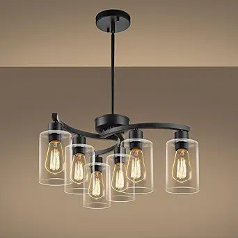 Sigaitwei 6 Light Modern Chandeliers for Dining Room,21.7" Black Hanging Light FixtureKitchen Pendant Lighting Over IslandIndustrial Farmhouse Chandelier,Metal with Downward Clear Glass Shade