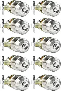RAZCC Privacy Door Knobs, 10 Pack Satin Nickel Door Knobs with Lock, Bed and Bath Door Knob Interior Keyless Locksets, Round Door Handles Reversible for Left Right Handed Doors