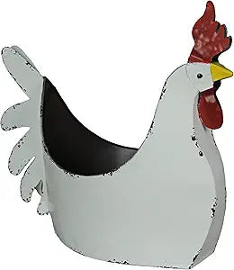 Zeckos Rustic White Finish Metal Rooster Planter - Indoor/Outdoor Decorative Flower Pot for Home and Garden - 15.5 Inches Long - Farmhouse Style Accent Piece