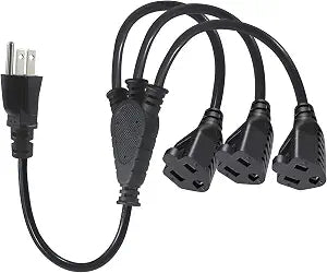 3-Way Splitter Extension Cord - 3 Prong 1 to 3 Way Power Splitter, 1FT 18AWG 10A/1250W, NEMA 5-15P to 3X NEMA 5-15R Y Style 3-Outlet Extension Cord for Home, Room, Office(Black 1-Pack)