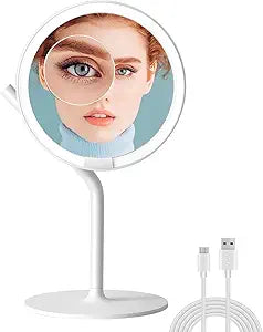 AMIRO 8'' LED Makeup Mirror, 5-Level Brightness/Touch Screen Control/Memory Function/180 Rotation/Detachable Small 5X Magnification Mirror