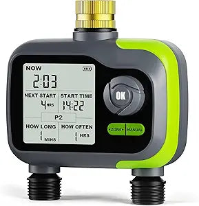 Sprinkler Timer, Brass Inlet Programmable Watering Timer for Garden Hose Fits 3/4 US Faucet, Outdoor Auto& Manual Hose Timer w/Rain Delay& Lock, Dirp Irrigation for Lawn, Yard, 2 Outlets