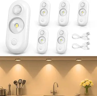 inShareplus LED Motion Sensor Puck Lights, 6 Pack, Warm White Magnetic Under Cabinet Lights, Rechargeable Dimmable Night Lights for Closet, Stairs, Kitchen
