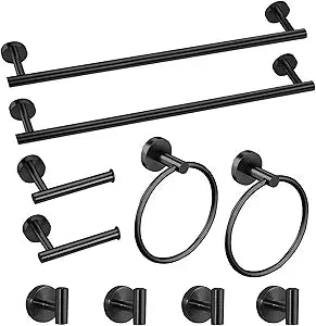 Cilee 10-Piece Matte Black Bathroom Accessories Set, 16 inch Towel Rack + Towel Ring + Robe Towel Hook + Toilet Paper Holder for Bathroom Wall, Stainless Steel Towel Bar