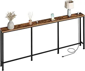 CHOEZON 78.7'' Narrow Console Table with Power Outlet 7.1" Skinny Sofa Table, Long Behind Couch Table with Charging Station, Entryway Table for Hallway, Living Room Rustic Brown and Black TXG20UBF